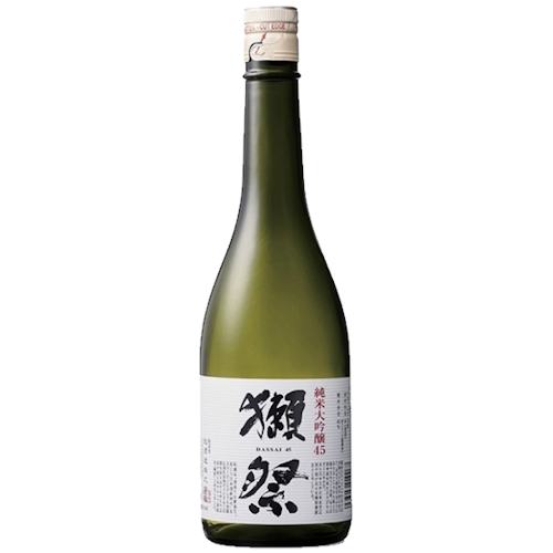Bottle of Dassai 45 Junmai Daigino with Japanese calligraphy on label