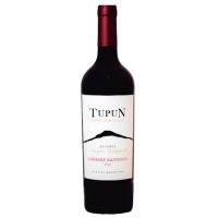 A dark glassed Bordeaux style wine bottle with a shiny red capsule on its cork. White label has TUPUN written in black letters and a simple line drawing of the Tupungato Volcano.