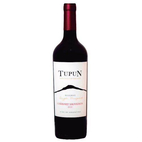 A dark glassed Bordeaux style wine bottle with a shiny red capsule on its cork. White label has TUPUN written in black letters and a simple line drawing of the Tupungato Volcano.