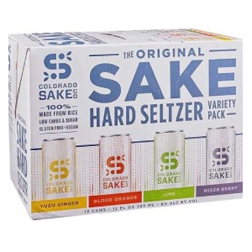 A white cardboard box with Blue writing on the side which sayes SAKE in big letters, followed by "Hard Seltzer"