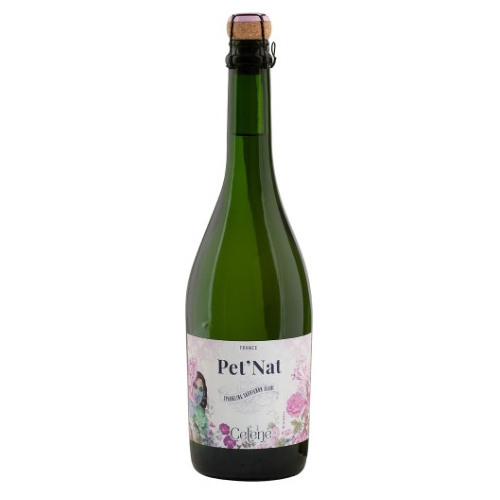 A fun and modern looking burgundy style bottle. Green glass. An exposed champagne cork in the bottle with a wire cage. White label with some soft pastel colored images of a girl and flowers.