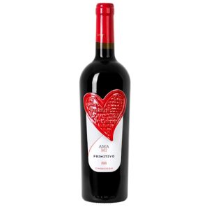 Cinquesegni Amami Heart wine bottle. A dark glass bordeaux style bottle with a red capsule. A red terracotta heart is glue to the front of the bottle on top of a white paper label that says Amami. Who knows what that means.