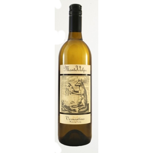 A tall bordeaux bottle of green glass. transparent liquid inside with a cream white label covering most of the bottle. An old-looking black and white wood-cut looking label of a fox holding a mask and the words "Monte Volpe" followed by "Vermentino"