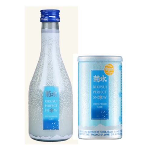 Two products side by side. One is a white 300ml bottle with sky blue accents and says Kikusui Perfect Snow. THe other is a sky blue 200ml can that also says Kikusui Perfect Snow.