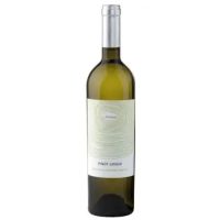 A bordeaux style wine bottle in dark glass. Silver capsule. White paper label with pale green tree ring-like lines.