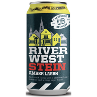 An image of a 12 ounce can of Lakefront Brewery's Riverwest Stein. Mostly a slate blue-grey color with yellow accents. Gives vies of Germany, but also Milwaukee at the same time.