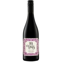 A bottle os 99 vines pinot noir wine. Dark glass bottle with screwcap, a white label with purple vines around the edges. It says 99 vines in black font on the label.