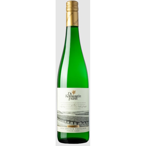 A classic looking bottle of gruner veltliner wine. Green glass fluted bottle with a gold screw cap and a white label. There is a black and white drawing on the label of the Kueka lake and vineyard and the logo of Dr Frank.