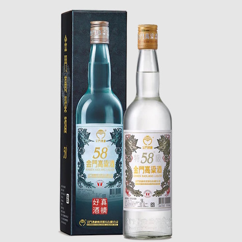 A picture of a spirits bottle in front of a black decorative box. The bottle is clear glass with a gold screwcap. The label is white paper with black and gold ornate writing on it in Roman and Chinese characters. Kinmen Kaoliang, the name of the Baijiu is written in large yellow letters.
