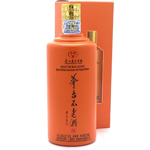 An image of a bright orange matte-painted liquor bottle with gold screwcap. Behind it is an orange box. In Chinese characters down the front, the bottle says, "Kweichow Bulaojiu"