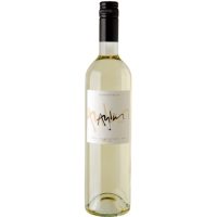 A sincere looking bottle of white wine. The glass is clear in a bordeaux style bottle with black screwcap. There is a simple white label on the bottle with the word AYLIN written in a fanciful hand-written way. Aylin means clarity in the Mapuche language.