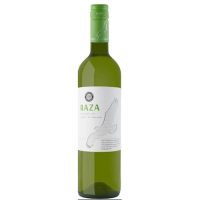 A simple looking bottle of Portuguese white wine in a bordeaux green glass bottle and a green screw cup enclosure. White label with the shadow of a raptor on it and the word RAZA in bold green font.