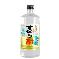 A squat-looking clear 750ml bottle of Awa no Kaori Sudachi Shochu. This brightly colored label is happy looking with Sudachi chu written in Japanese down the front.