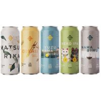 A line up of 5 16oz aluminum beer cars with subtle and cool labels. They look Japanese-inspired. Japas beers from brazil.