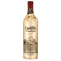 A 750ml wine bottle of Castillo de Fuendejalon wrapped in gold foil paper with a red necker.