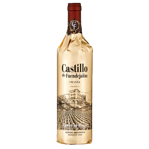 A 750ml wine bottle of Castillo de Fuendejalon wrapped in gold foil paper with a red necker.