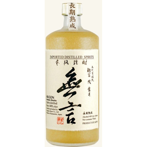 A sophisticated looking 750ml liquor bottle containing amber liquid with a white washi label that says Sengetsu MUGON shochu, meaning Silent in Japanese.
