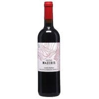A dark-glassed bordeaux bottle of bordeaux wine with the name Chateau Mazeris on the very modern red and white label that looks like a topographical map.