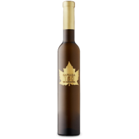 A tall, skinny 375ml glass bottle of late harvest icewine from pillitteri Vineyards in Canada.