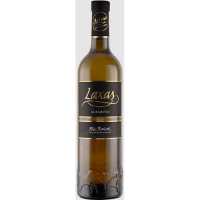A bordeaux style green glass wine bottle with a black label that says As Laxas Albarino in gold cursive lettering.