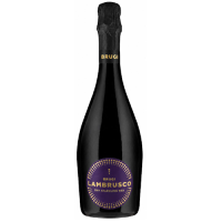 Black sparkling wine bottle with broad shoulders and a purple label that says BRUGI Dry Sparkling Lambrusco