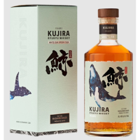A 700ml glass whisky bottle of Kujira Inari whisky depicting a cresting whale in painterly effect next to a gift box in minty white.